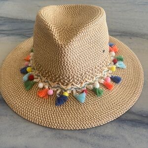 Eric Javits Straw Fedora Hat with Multicolor Pom Tassels